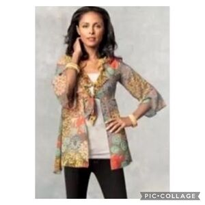CAbi Shakespeare Multicolored Floral Tie Kimono Jacket # 360 Size Small
